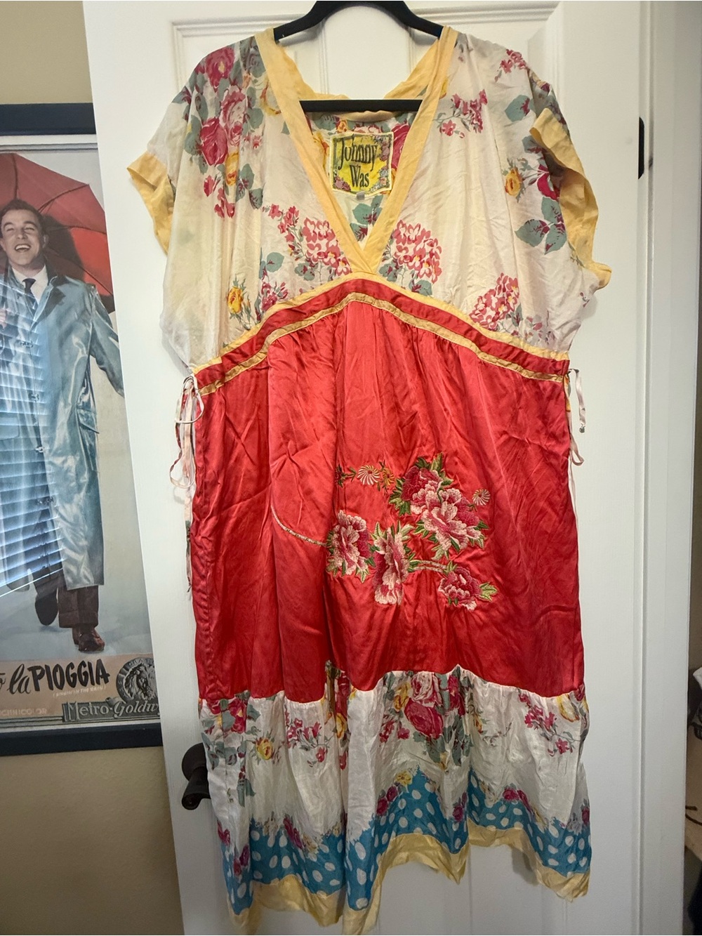Johnny Was Red and Cream Floral Tiered Patchwork Midi Dress